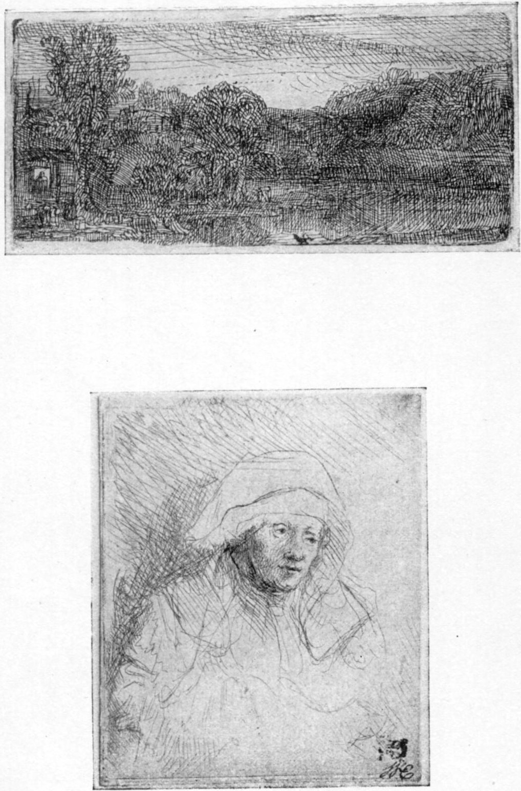 175. SMALL GREY LANDSCAPE. (1640.) B. 207. 196. SICK WOMAN WITH LARGE WHITE HEAD-DRESS (SASKIA). (1642.) B. 359
