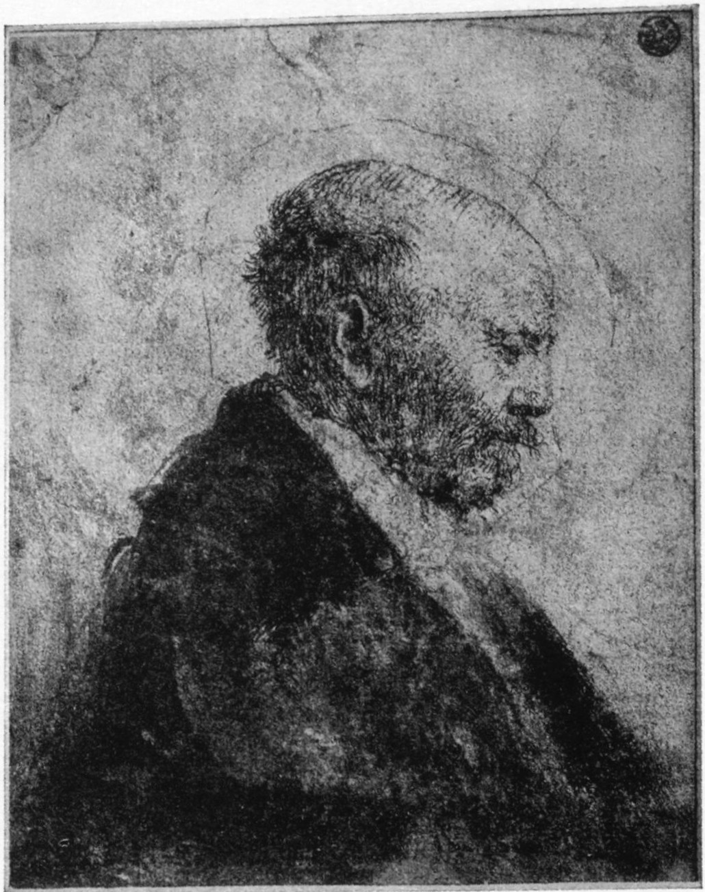 23, I. BALD-HEADED MAN (REMBRANDT'S FATHER?) In profile r.; head only, bust added afterwards. 1630. B. 292. First state, the body being merely indicated in ink