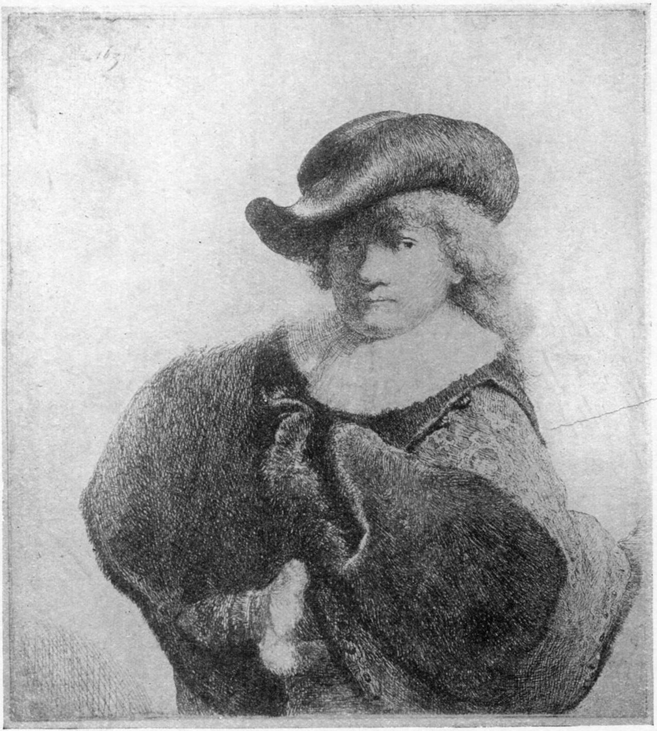 54, VI. REMBRANDT WEARING A SOFT HAT, COCKED. 1631. B. 7. Later state, the body added.