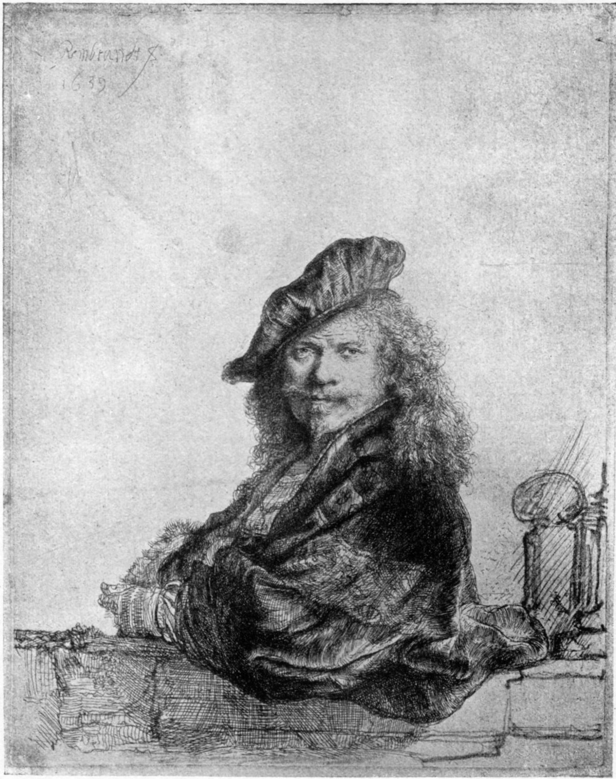 168, I. REMBRANDT LEANING ON A STONE SILL. 1639. B. 21 From an impression touched by the artist in black chalk