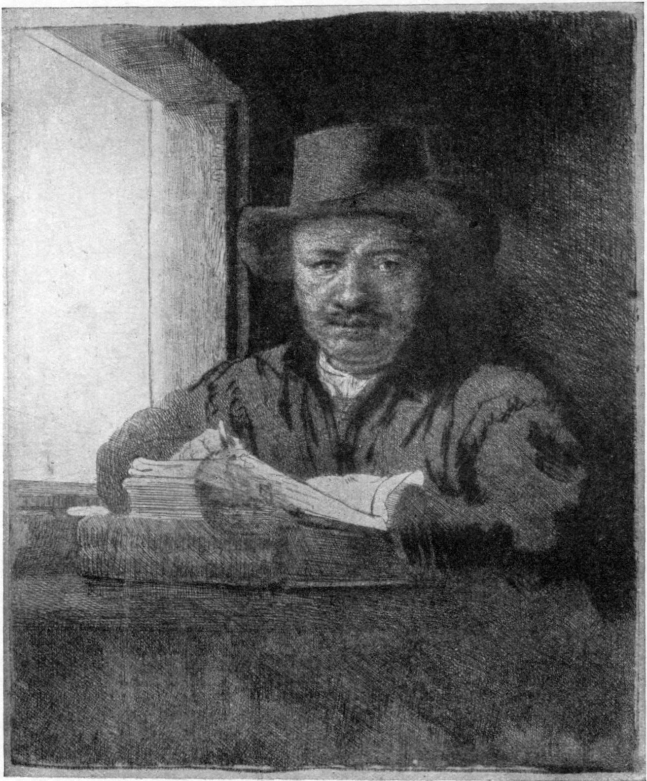 229, I. REMBRANDT DRAWING AT A WINDOW. 1648. B. 22. Unfinished state.