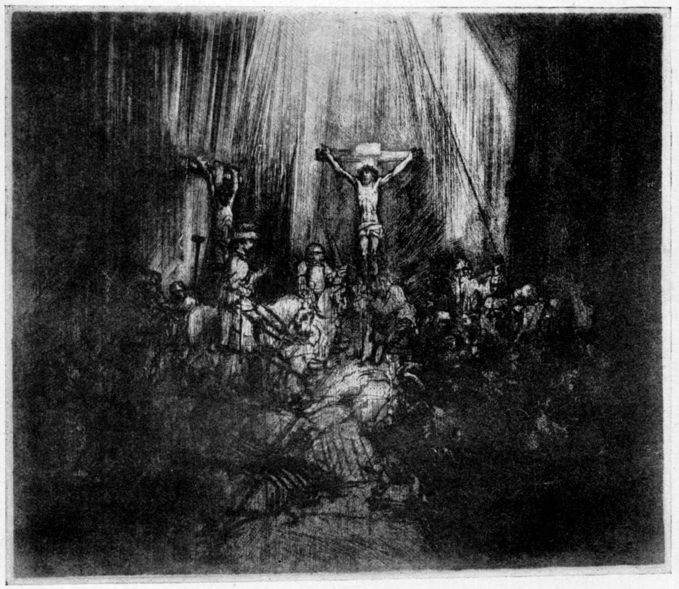 270, IV. THE THREE CROSSES. 1653. B. 78. Fourth state. The plate entirely transformed: ihe figures in the middle and foreground, l., almost entirely effaced; a new group added l. of the central cross,