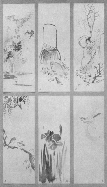 Cherry Trees (1). Ebb Tide (2). Saohime (3). Wistaria (4). Iris (5). Moon and Cuckoo (6). Plate LVIII.