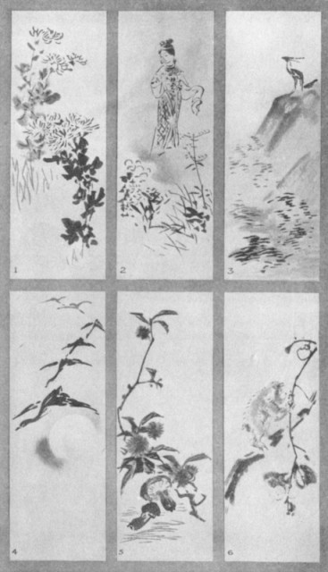 Chrysanthemum (1). Tatsutahime (2). Deer and Maples (3). Geese and the Moon (4). Fruits of Autumn (5). Monkey and Persimmons (6). Plate LXI.