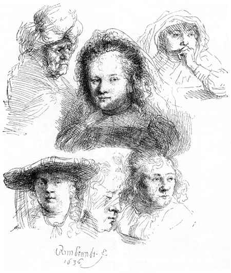 Abb. 73. Sechs Studienköpfe, in der Mitte Rembrandts Frau